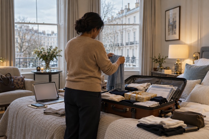A woman packing a leather suitcase in a London flat, a folder of papers packed for a trip home.