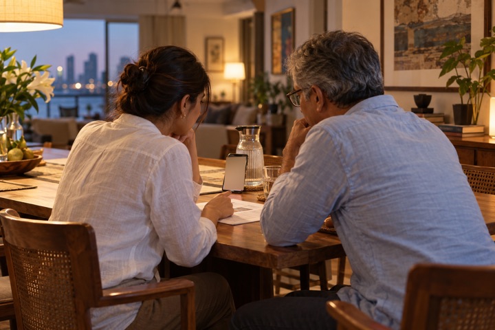 A father and his grown-up daughter at a dining table, looking together at a phone.